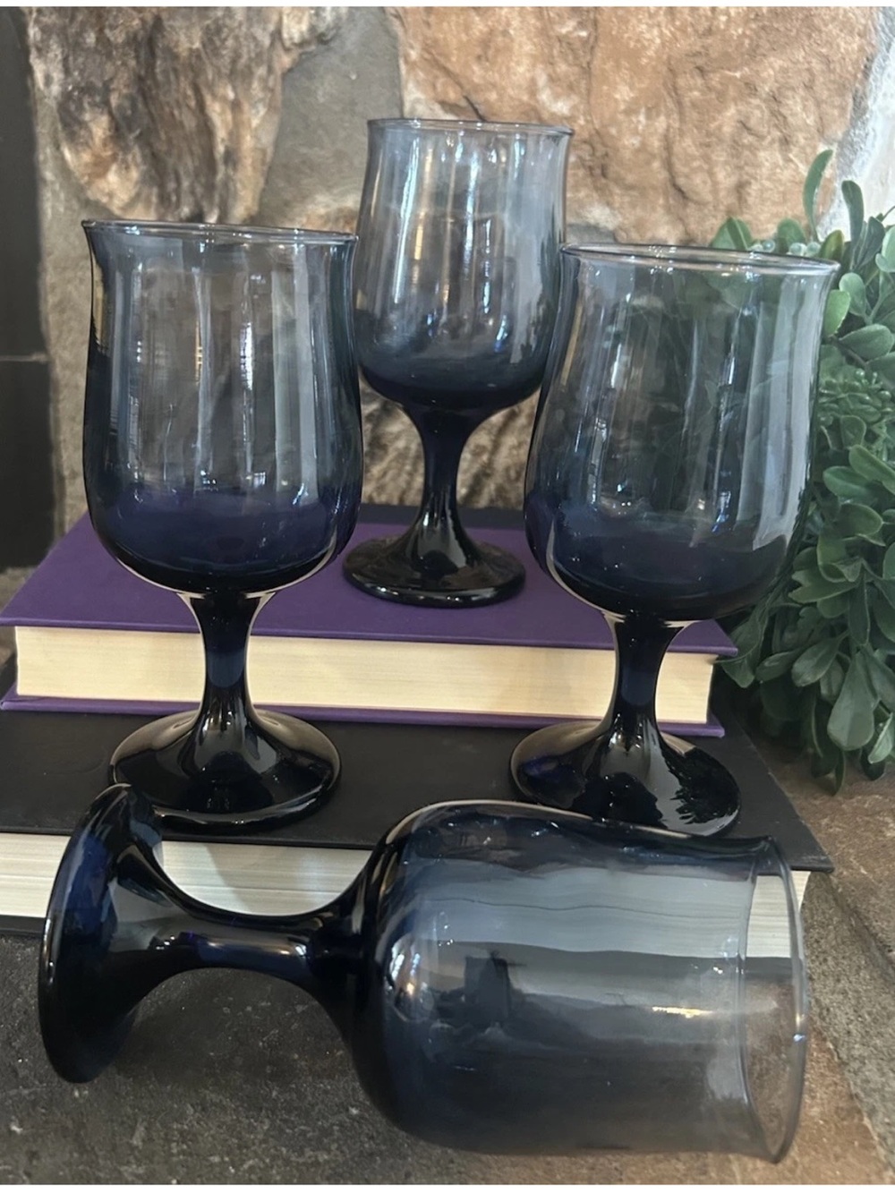 4 Vintage Libbey Connoisseur Dusky Blue Tulip Wine Glasses 6" Excellent